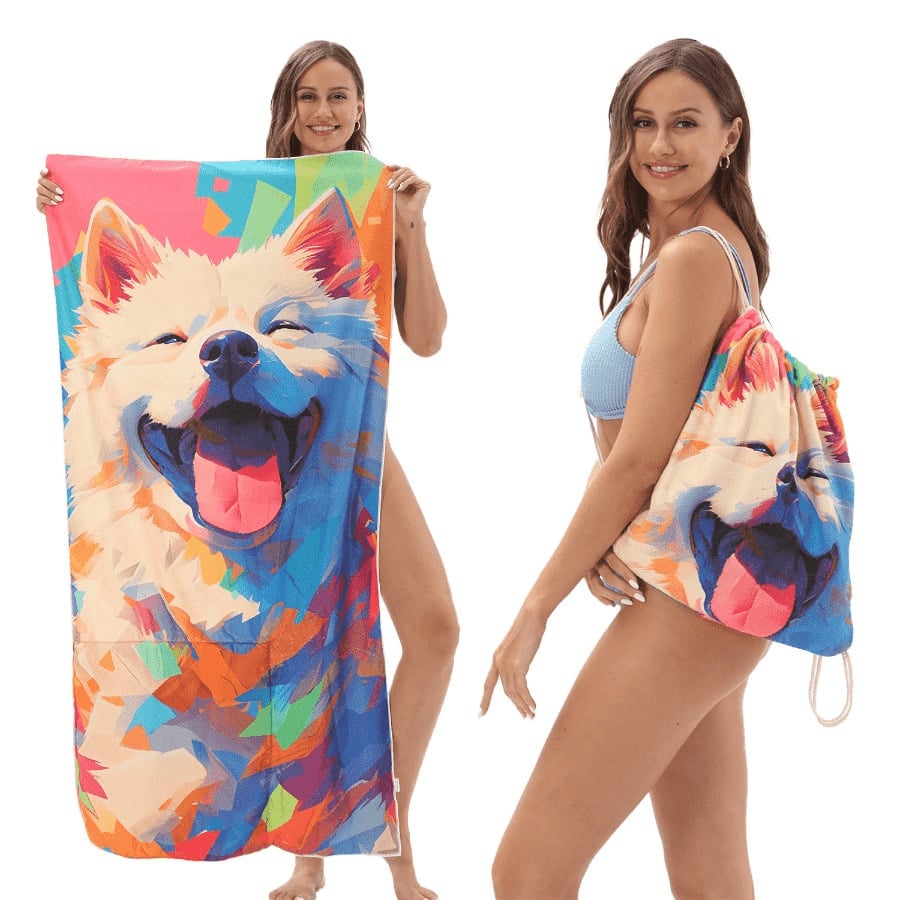 2 In 1 Convertible Samoyed Print Beach Towel Drawstring Backpack, Quick Dry Sand Proof Foldable Travel Swimming Towel Bag