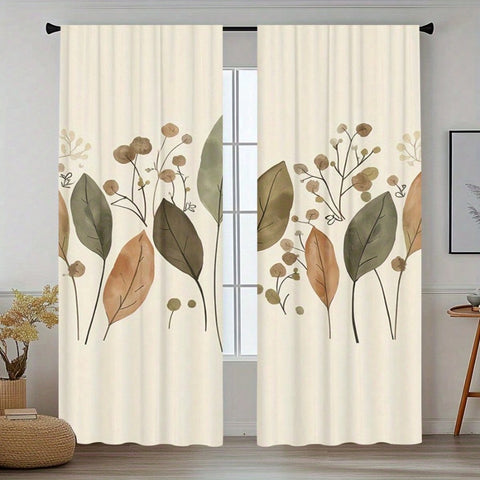 2PCS Retro Plant Printed Curtains - Pocket Design, Easy To Hang, Machine Washable, Beige Bottom With Brown Green Leaf Pattern, Four Seasons Universal Home Decoration, Suitable For Bedroom Or Living Room, Four Seasons Suitable